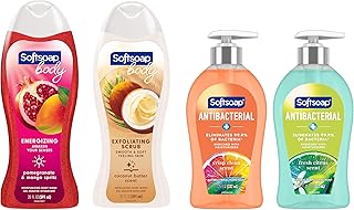 Softsoap Body Wash and Antibacterial Hand Soap Bundle with Pomegranate Mango Moisturizing Body Wash, Exfoliating Coconut Butter Scrub, Crisp Clean and Fresh Scent Hand Soaps, 4 Piece Set
