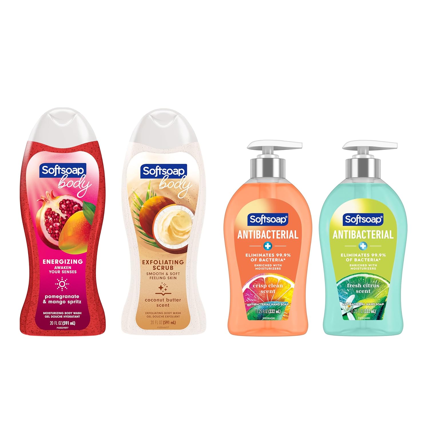 Softsoap Body Wash and Antibacterial Hand Soap Bundle with Pomegranate Mango Moisturizing Body Wash, Exfoliating Coconut Butter Scrub, Crisp Clean and Fresh Scent Hand Soaps, 4 Piece Set