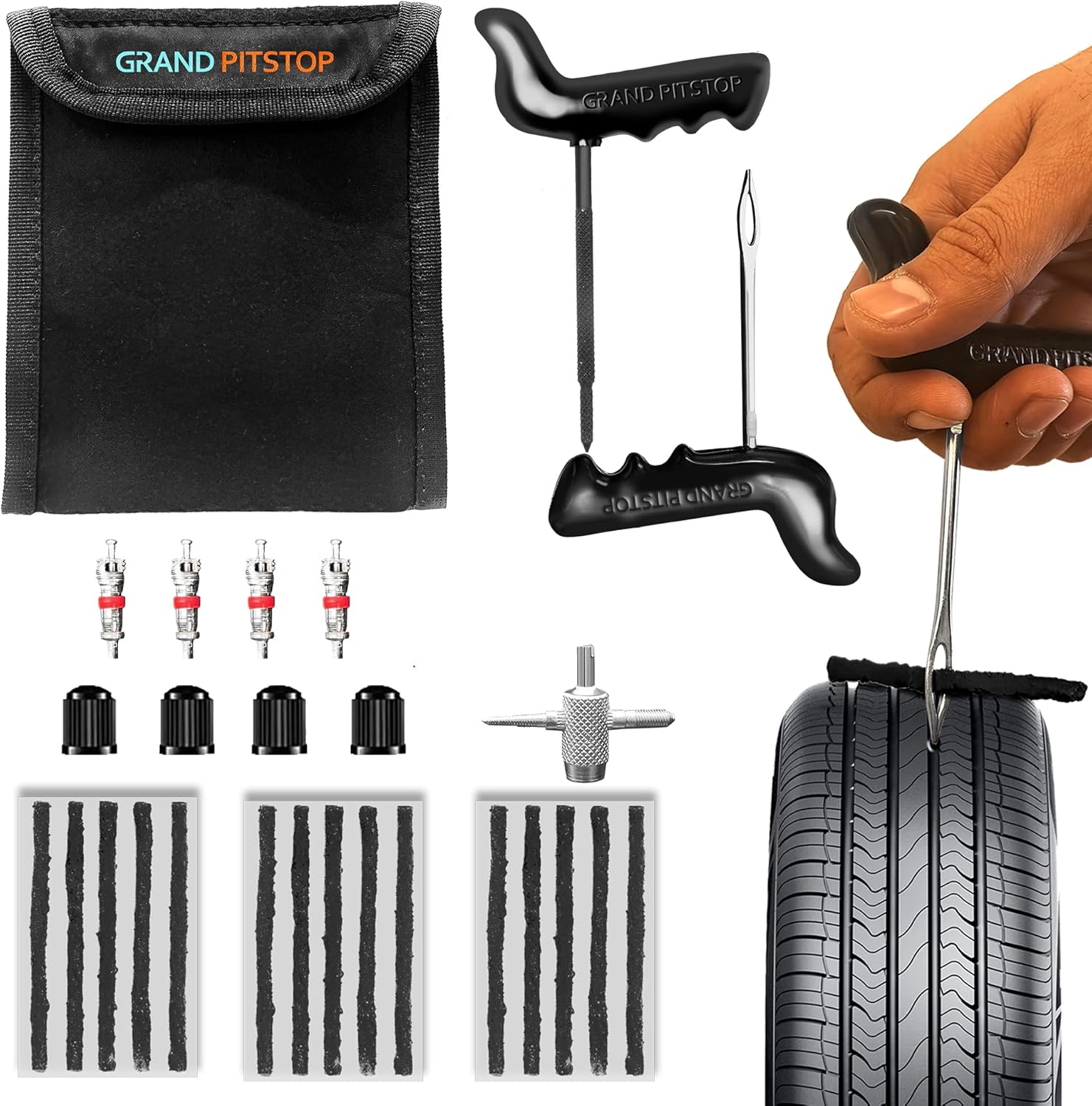 GRAND PITSTOP Tire Plug Kit, 27 Pcs Universal Heavy Duty Car Emergency Tool Kit for Flat Tire Puncture Repair, Compact Kit for Autos, Cars, Motorcycles, Trucks, RVs, etc.(15 Strips)