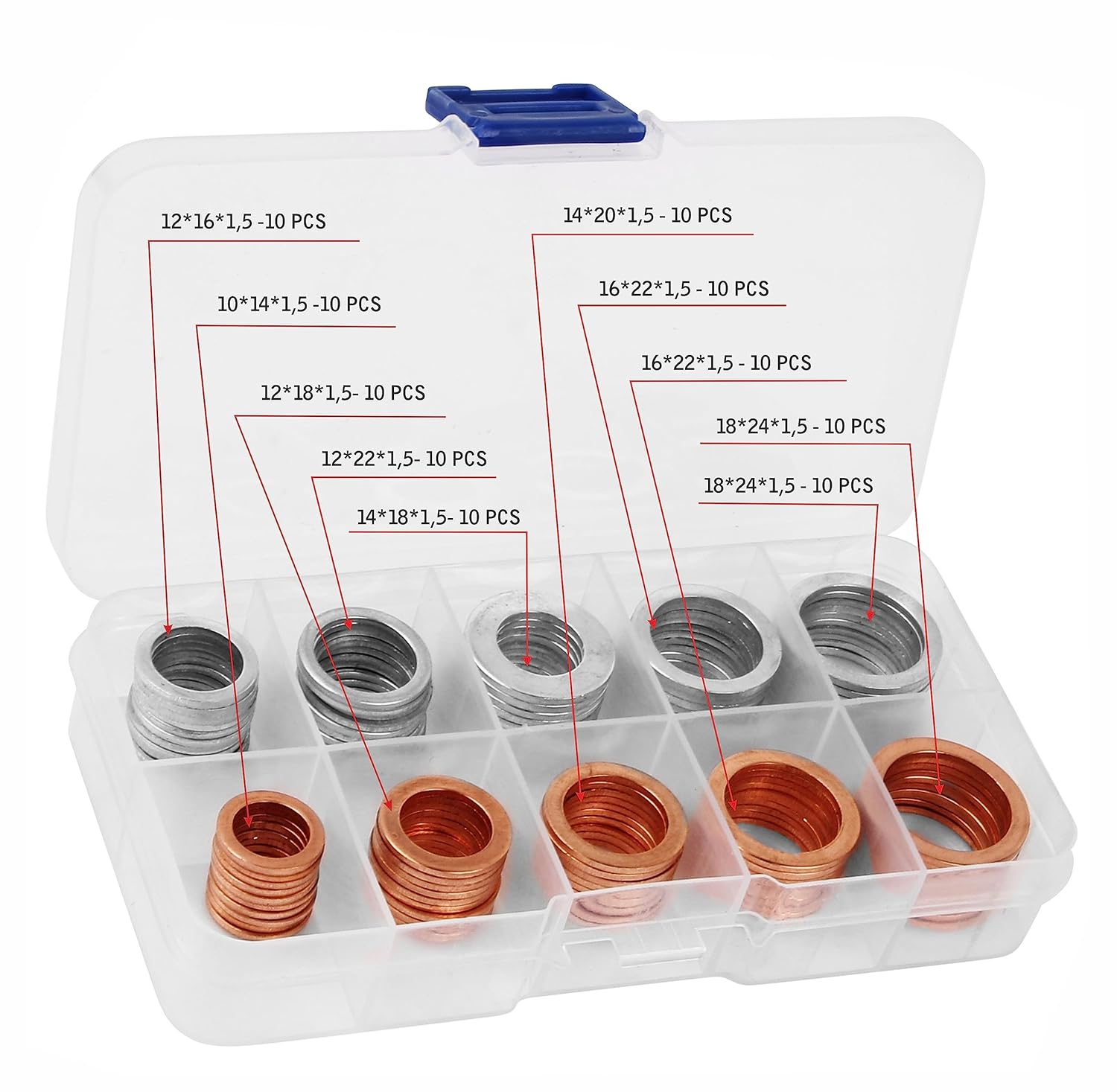 100pcs Oil Drain Plug Crush Washer Gasket Seal Assortment– 10mm 12mm 14mm 16mm 18mm - Universal Fit 50 Cooper and 50 Aluminum Oil Plug Washers by AUTOMAJOR