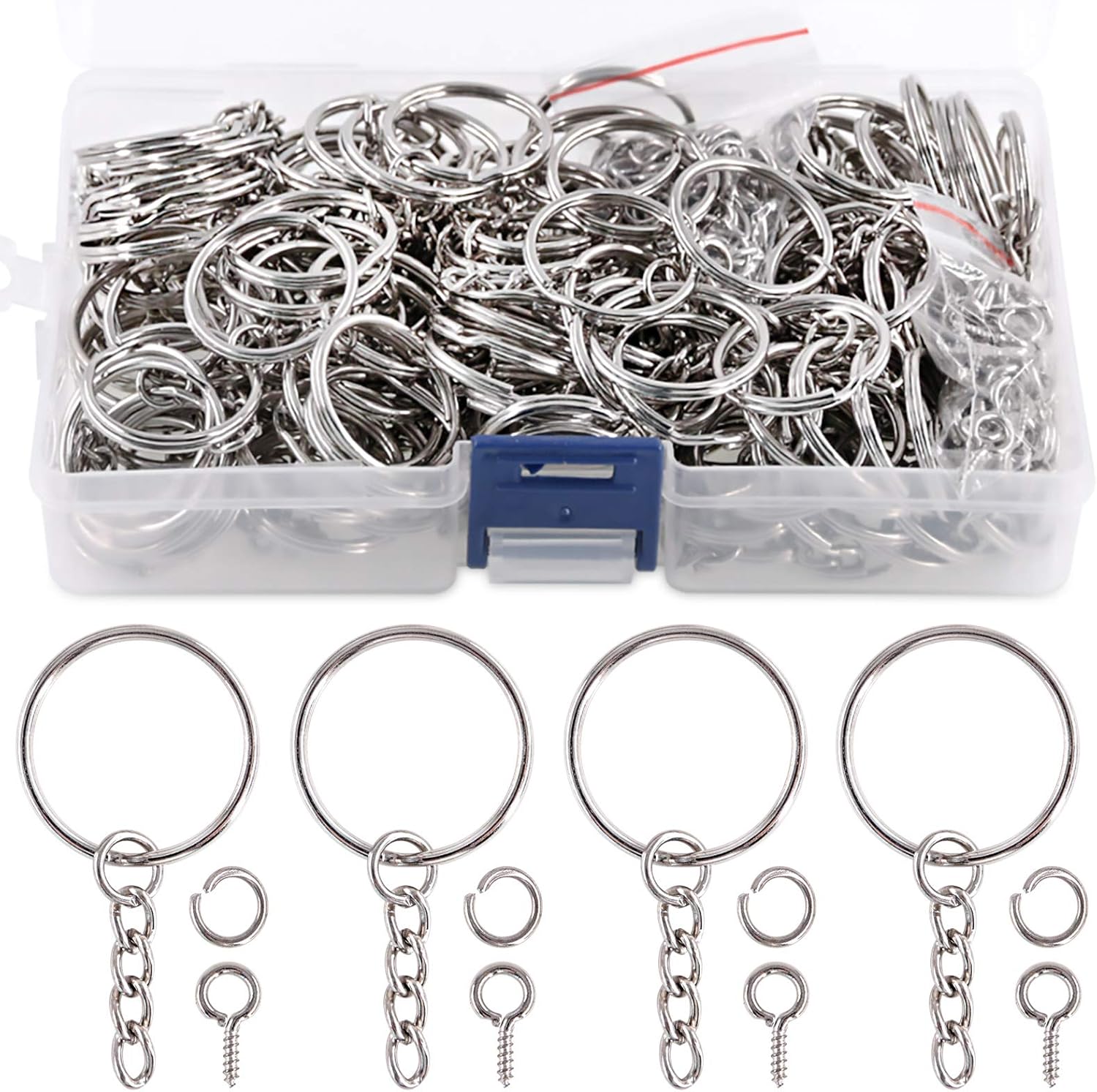 Swpeet 450Pcs 1" 25mm Sliver Key Chain Rings Kit, Including 150Pcs Keychain Rings with Chain and 150Pcs Jump Ring with 150Pcs Screw Eye Pins Bulk for Jewelry Findings Making (Sliver)