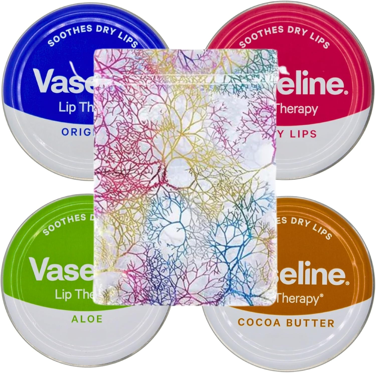 Lip Balm 4 X 20g (Rosy Lips, Cocoa Butter, Aloe, Original) Lip Balm Set Bundle with Glameno Drawstring Organza Bag