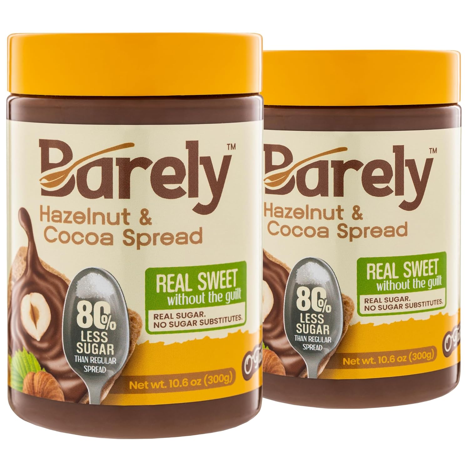 Hazelnut & Cocoa Spread by Barely, Low Sugar & No Artificial Sweeteners, Vegan, Keto Friendly, Delicious Chocolate Spread & Dessert Dip, 3.2 g Cane Sugar per Serving, 2-Pack
