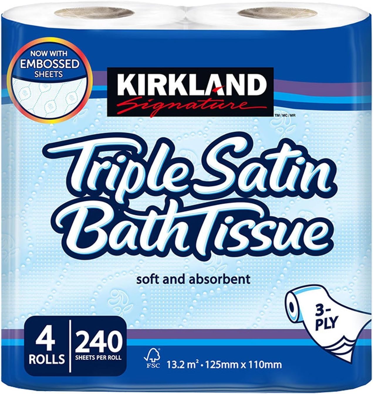 Kirkland Signature Soft and Absorbent Triple Satin Premium Bath Toilet Tissue Paper, 4 Rolls 10 Packs White Kirkland-Toilet Roll-10pk