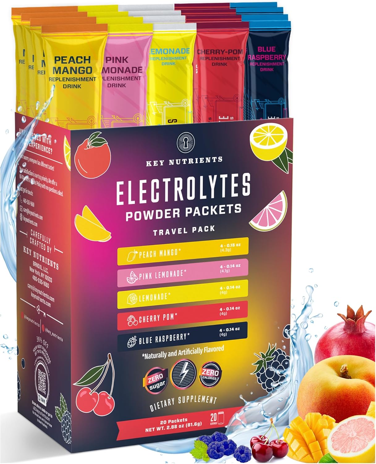 KEY NUTRIENTS Multivitamin 20 Pack Electrolytes Powder Packets No Sugar - 5 Delicious Flavors Post Workout and Recovery Hydration Packets - No Calories, Electrolytes Powder Packets