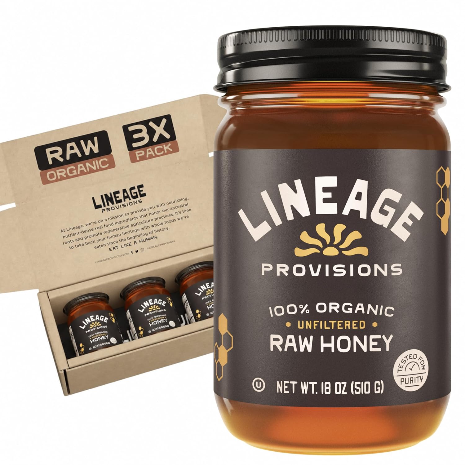 Lineage Provisions Raw Unfiltered Honey, 3-Pack, 18 oz Glass Jars