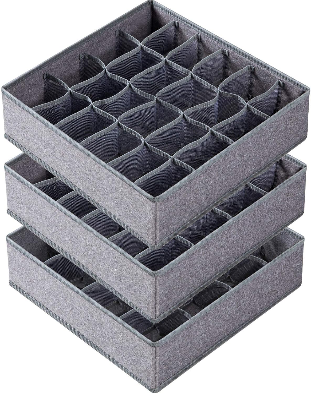 Criusia 3 Pack Sock Underwear Organizer Dividers, 64 Cell Fabric Foldable Drawer Organizer for Dresser Closet Organizers and Storage Boxes for Organizing Socks, Underwear, Ties (16+24+24 Cell, Gray)