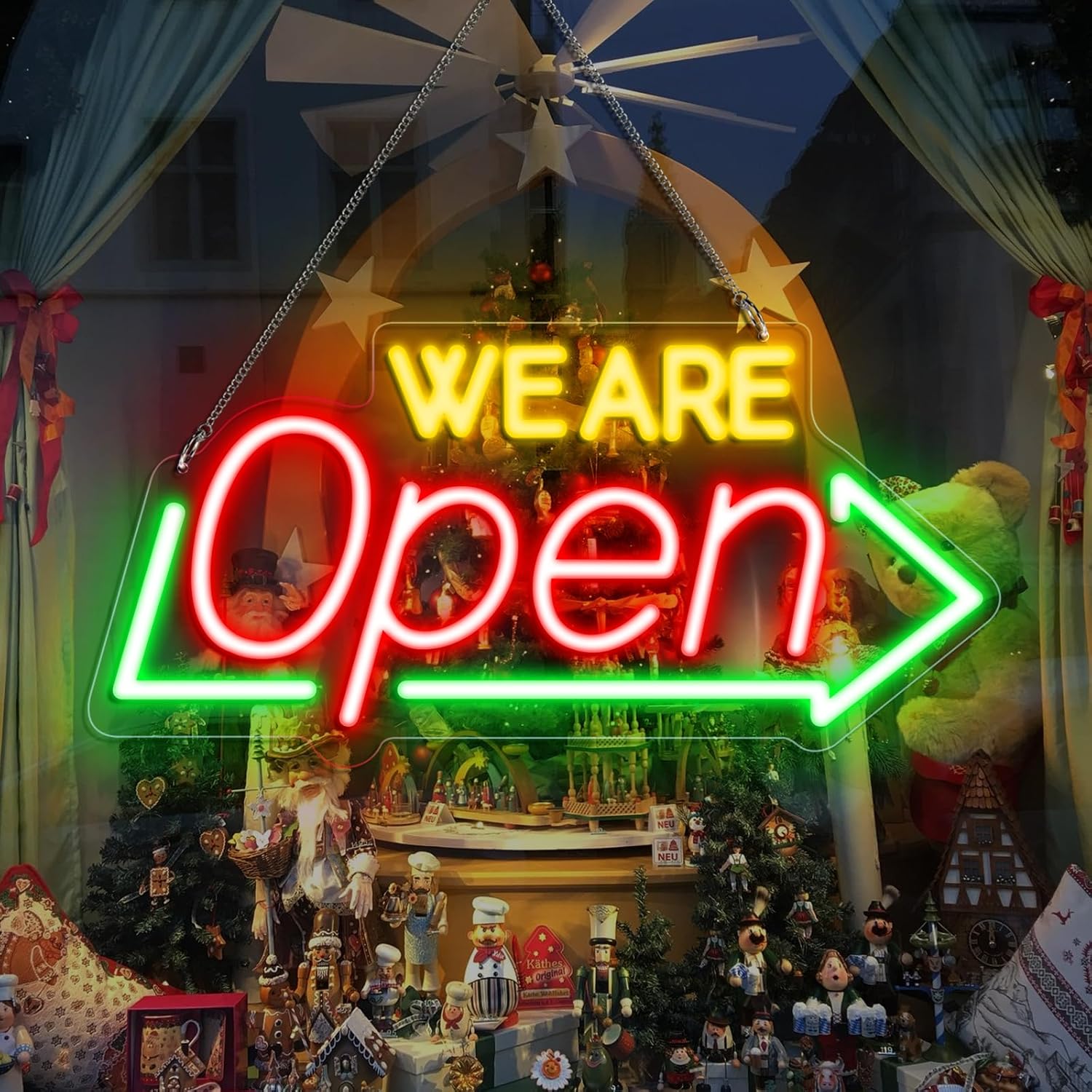 LED Neon We Are Open Signs for Business, 16''x 7.8'' Ultra Bright Open Sign with USB Powered, Neon Open Sign Electric Light Up Sign for Stores, Bars, Hotel, Wall Decor（Red&Green&Yellow）