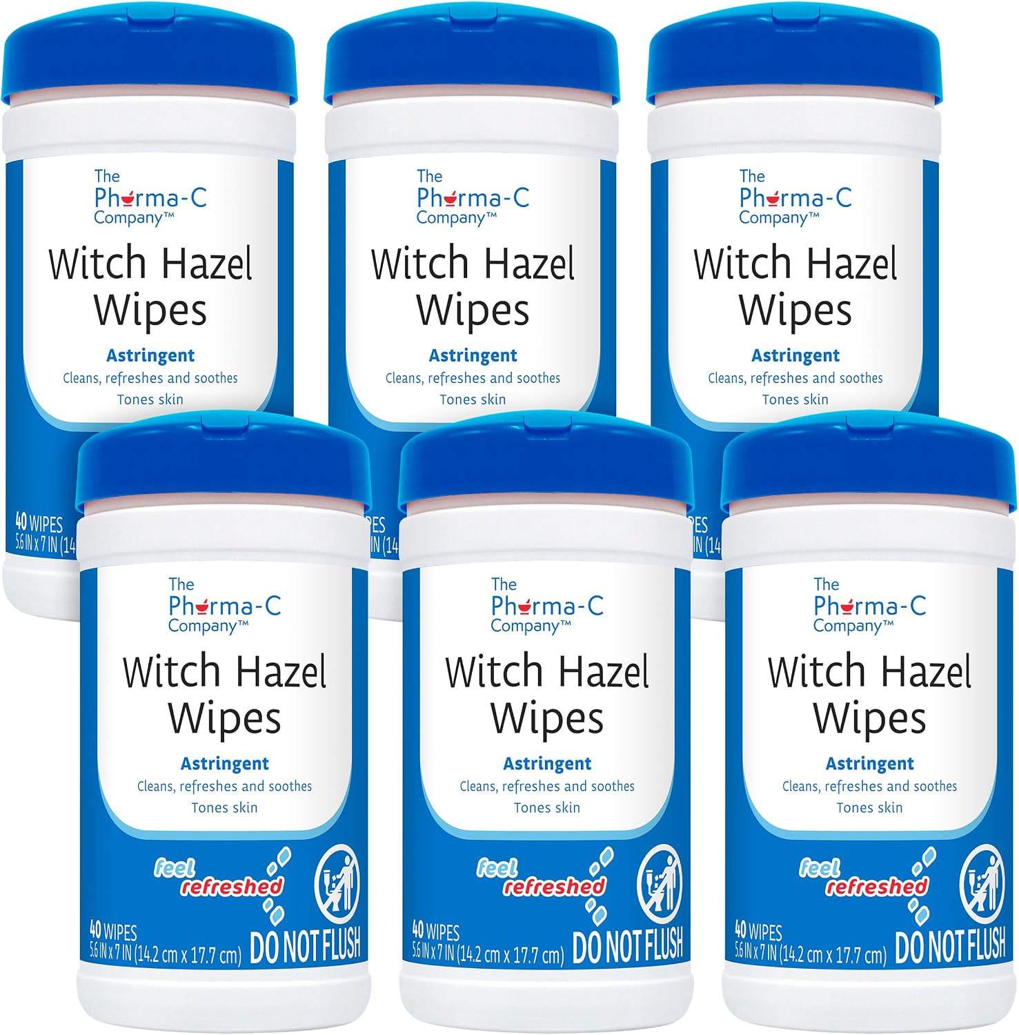 The Pharma-C Company - Witch Hazel Wipes [6 canisters] - Daily Toner & Astringent Cleansing Cloths for Face