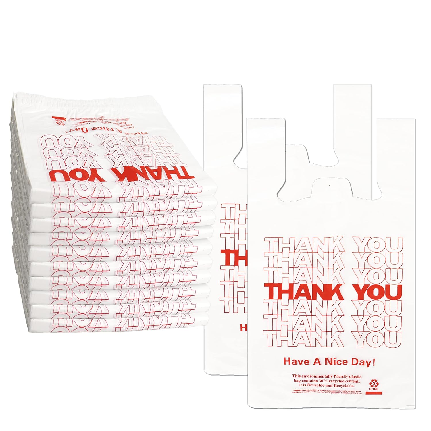 1000 Count White Disposable Thank You Bags with Handles - 11''x6''x21'' Plastic Carry Bags for Retail/Supermarket