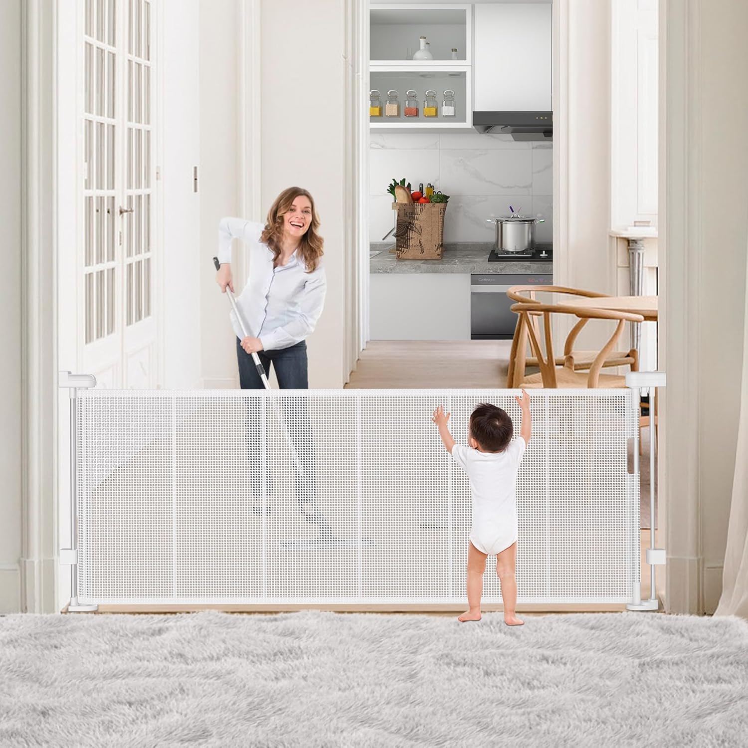 Floisdace Retractable Baby Gates, Extra Wide Baby Gate for Stairs, Extra Long Child Gates for Large Openings, Mesh Baby Gate, Dog Gate for Doorways, Expandable Baby Gates (White, 33" Tall x 120" Wide)