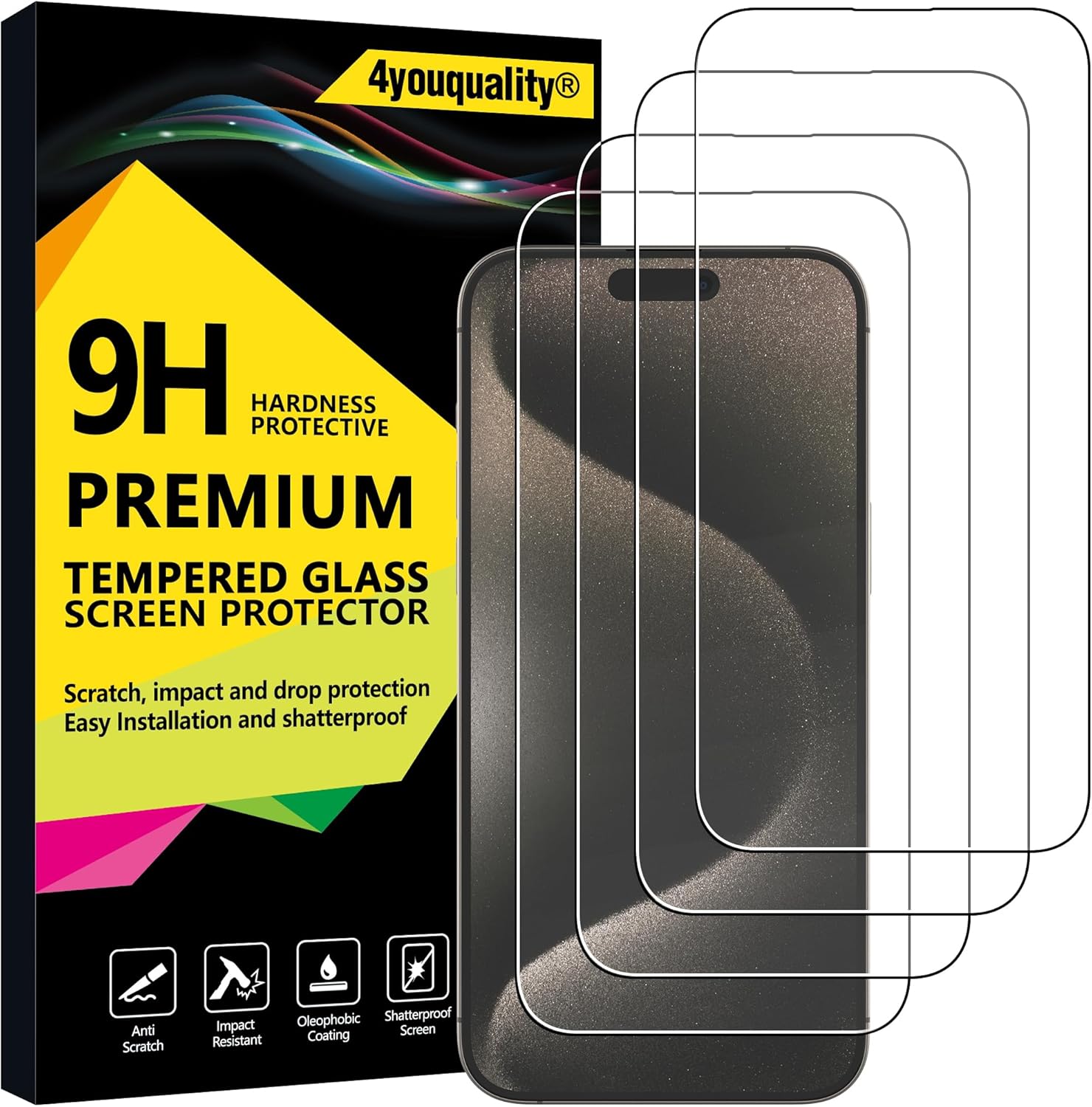 4youquality [4-Pack Screen Protector for iPhone 15 Pro Max (6.7-Inch), Tempered Glass Film, [LifetimeSupport][Impact-Protection][Anti-Shatter][Anti-Scratch]