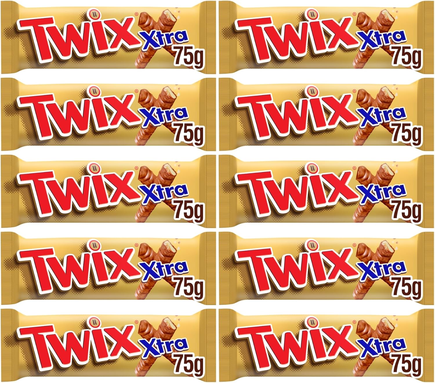 Twix Xtra Chocolate Biscuit Twin Bars, 75g, Ideal Present for Christmas -Treat Share for Adults and Kids (10 Pack)