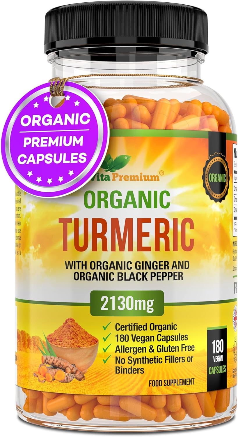 Turmeric and Black Pepper Capsules for Anti-Inflammatory and Joint Pain Relief - 180 Organic Capsules - High Strength Turmeric Curcumin Supplement with Added Black Pepper and Ginger - Made in UK