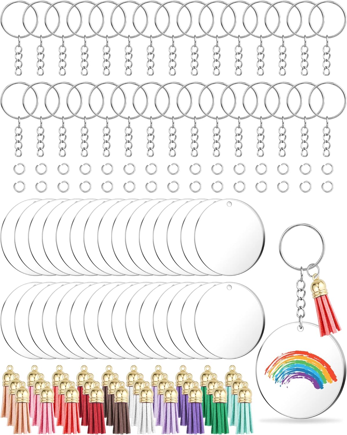 120 Pcs Acrylic Blanks Key Ring Set, 2 Inch Round Clear Acrylic Keychain with Chain Jump Rings and Colorful Tassels for DIY Crafting