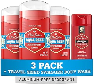 Old Spice Men's Deodorant Aluminum-Free Aqua Reef, 3.0oz Pack of 3 with Travel-Size Swagger Body Wash