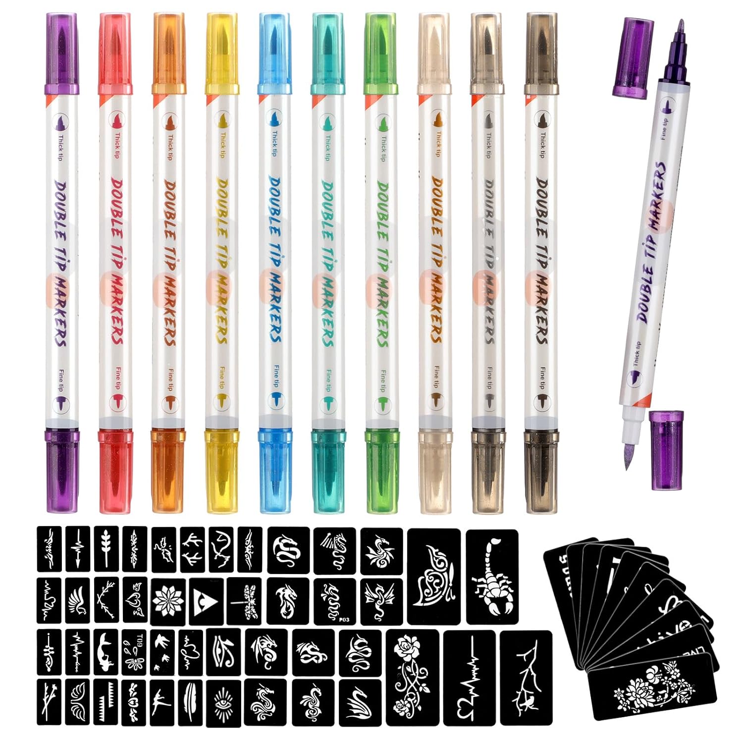 HAWINK Temporary Tattoo Markers for Skin, 10 Body Markers + 56 Large Tattoo Stencils for Kids and Adults, Dual-End Tattoo Pens Make Bold and Fine Lines with Cosmetic-Grade Tattoo Ink ZYH2208001KIT