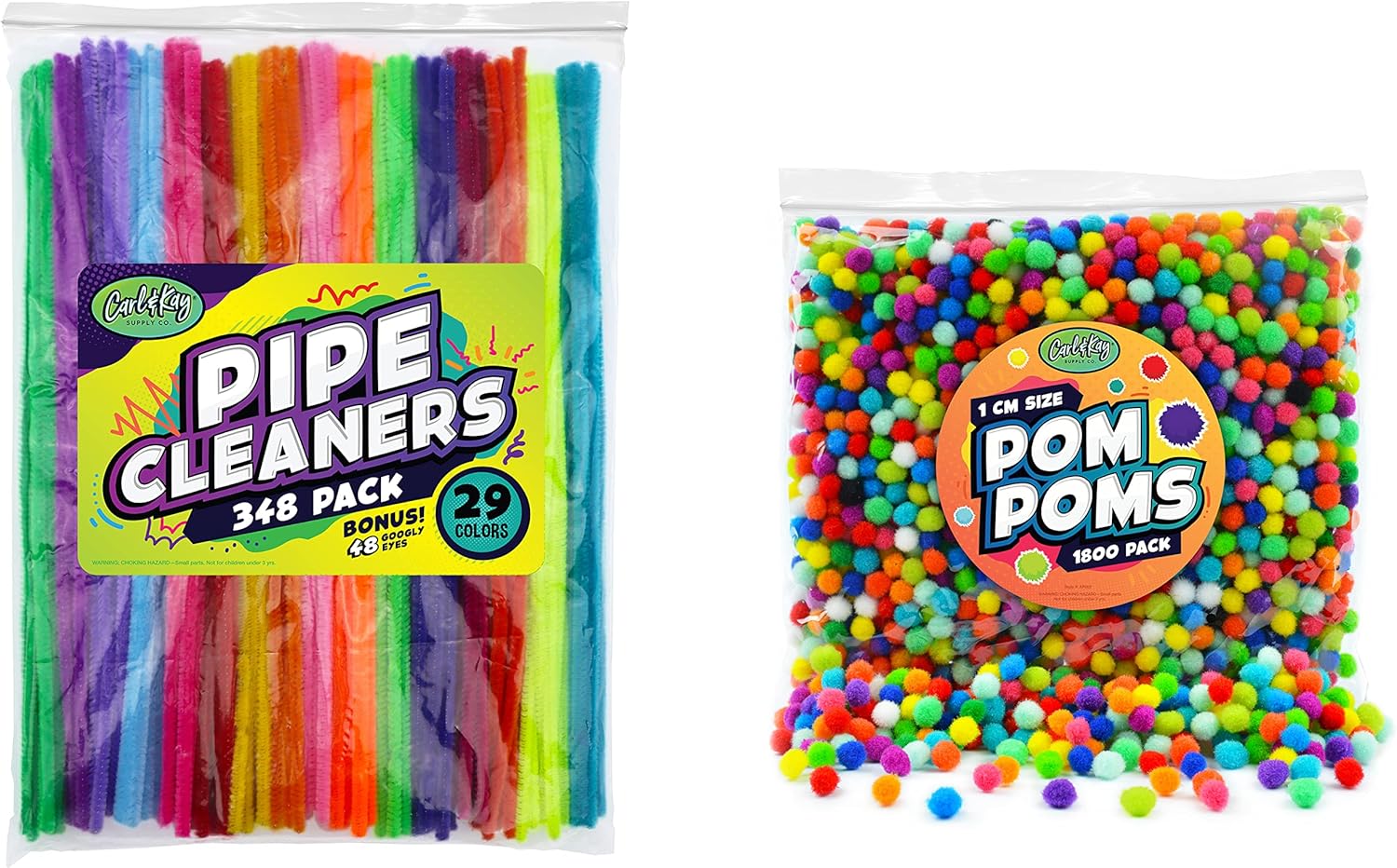 Carl & Kay 348 Pipe Cleaners + 48 Googly Eyes & 1800 1 cm Pom Poms