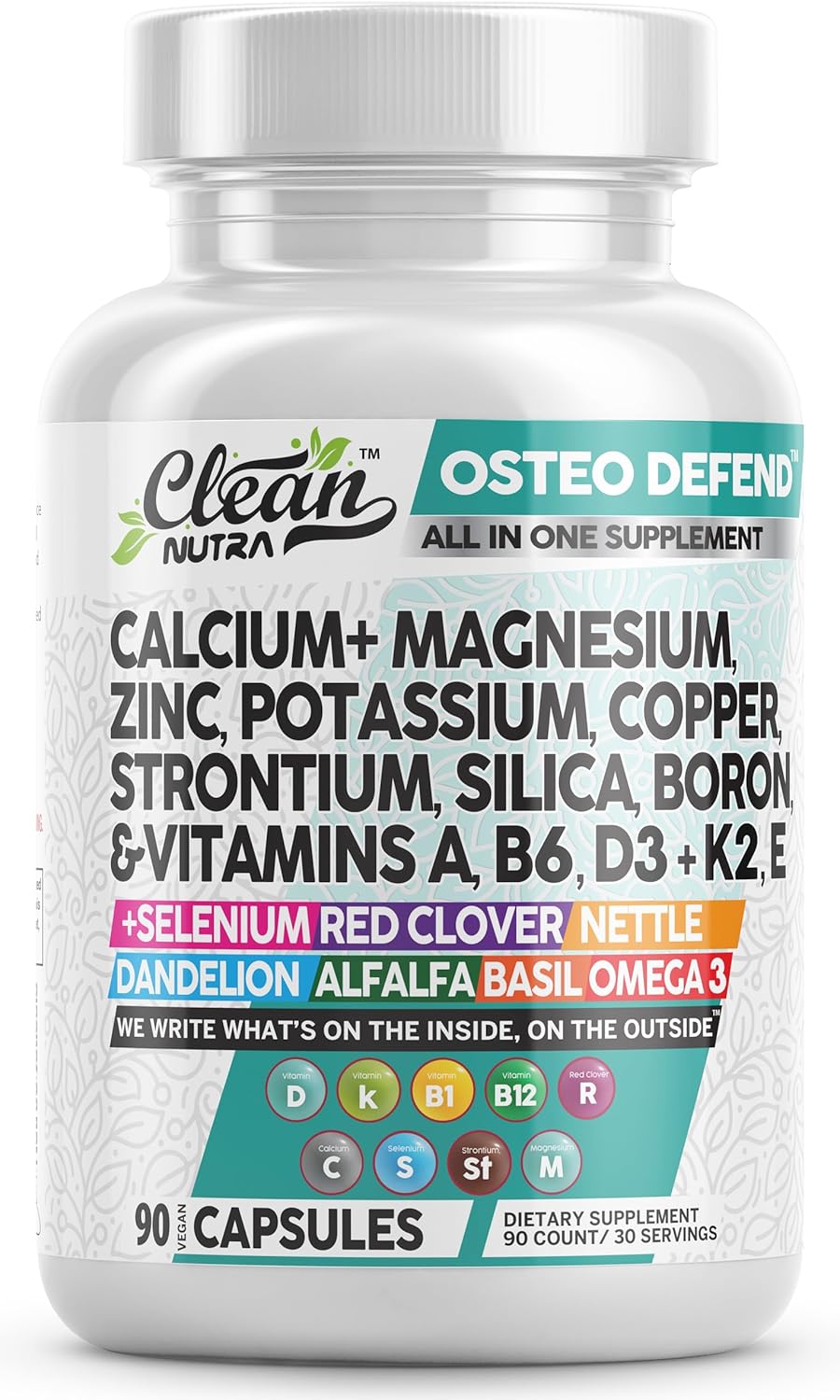 Clean Nutraceuticals Calcium Magnesium Zinc Supplement with Potassium, Copper, Strontium, Silica, Vitamin D3 K2, Boron, Vitamin B1 B12 Red Clover Herb Alfalfa Basil Pills for Men & Women Osteo Defend