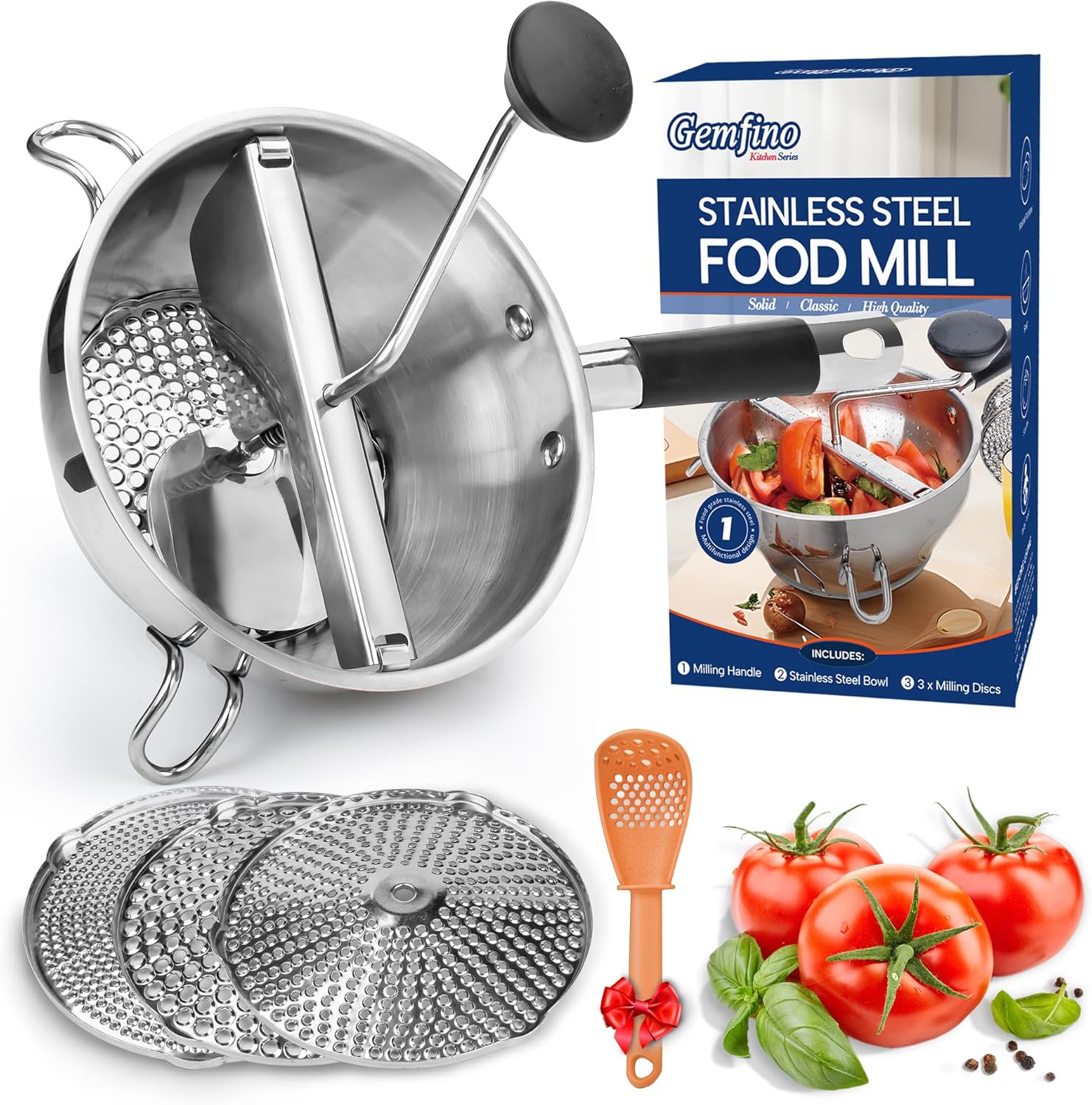 Stainless Steel Food Mills With 3 Milling Discs,Ergonomic design Of Rotary Food Mills For Tomato Sauce,Potatoes,Jams with Silicone Handle Dishwasher Safe, Multifunctional Spoon,Orange