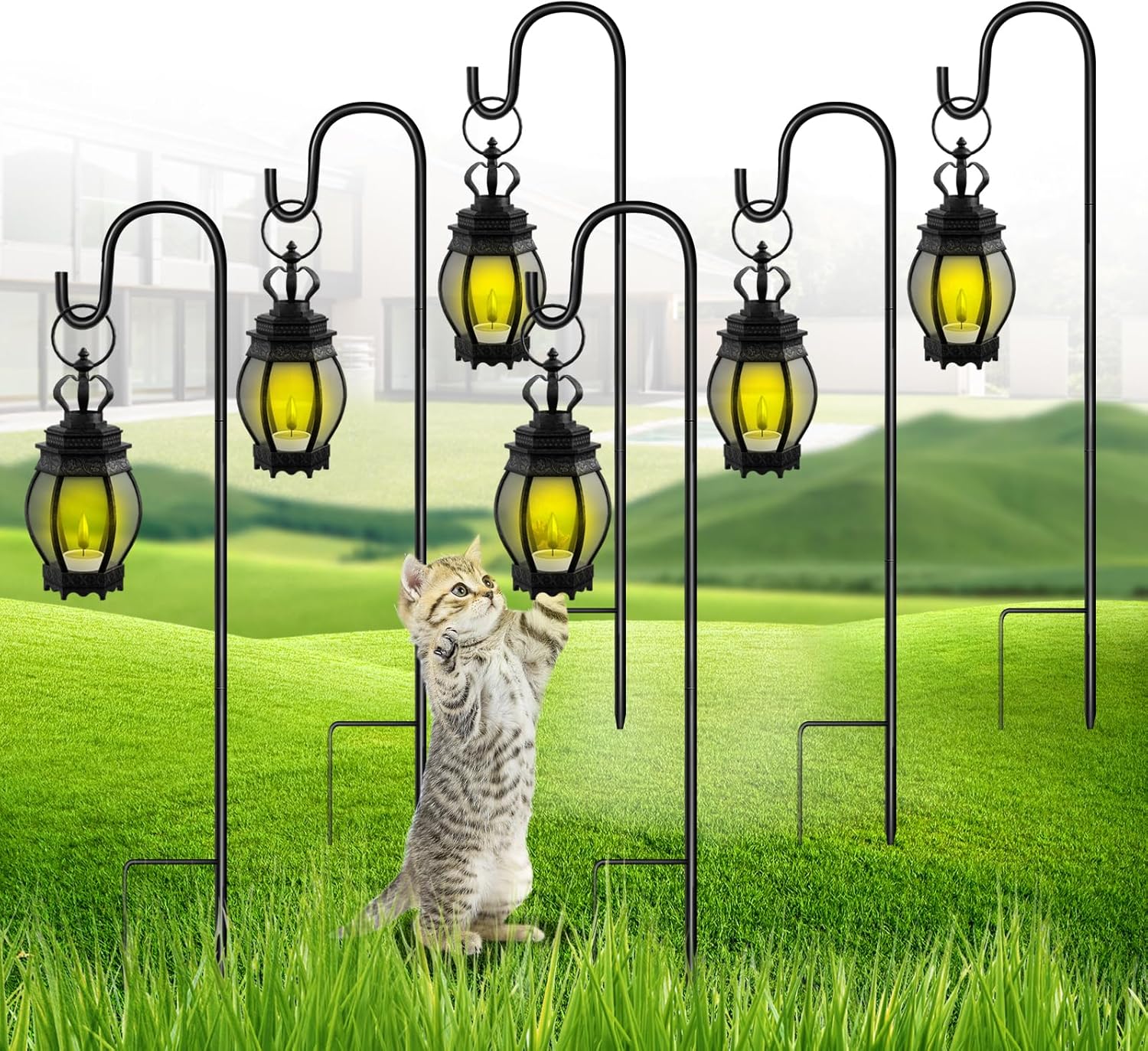 Shepherds Hook for Garden Lanterns, 81cm Adjustable Shepherds Crook with Metal Stake Base, Garden Hooks for Hanging Christmas Lights, Plant Baskets, Black, Set of 6