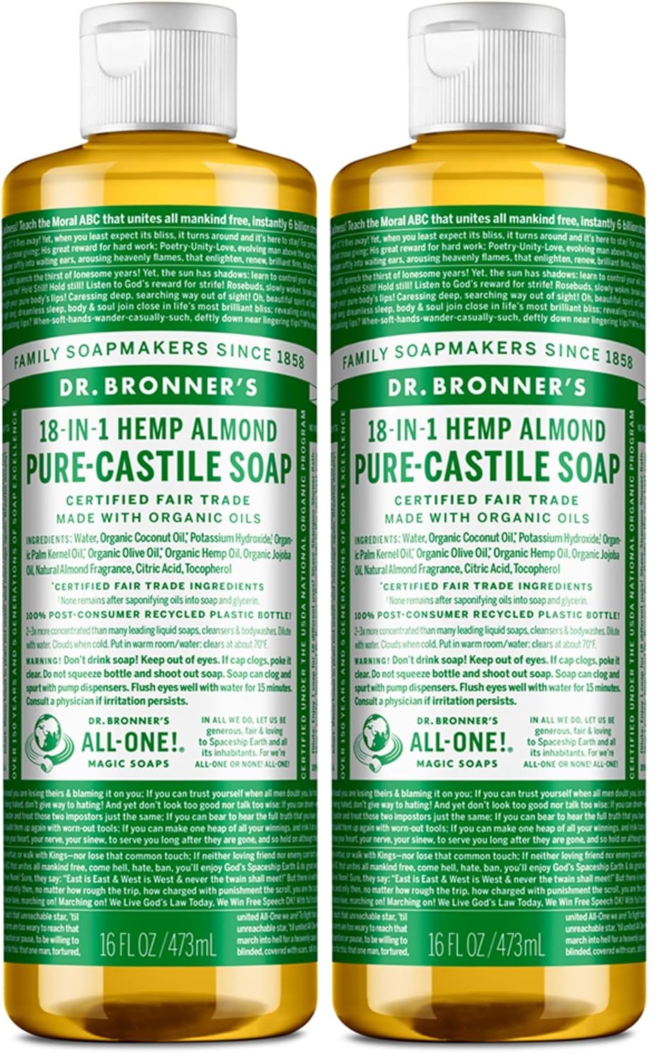 Dr. Bronner's - Pure-Castile Liquid Soap (Almond, 16 ounce) - Made with Organic Oils, 18-in-1 Uses: Face, Body, Hair, Laundry, Pets and Dishes, Concentrated, Vegan, Non-GMO (Pack of 2)