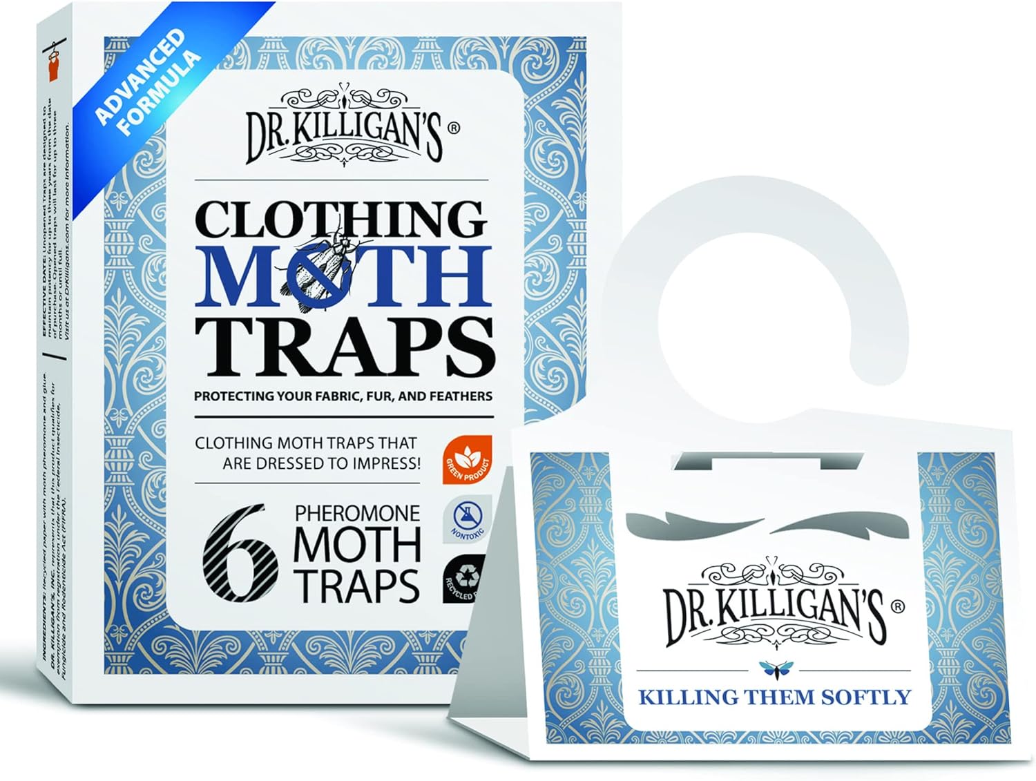 Dr. Killigan's Premium Double Potent Clothing Moth Traps with Pheromones Prime | Organic Clothes Moth Trap with Lure for Closets & Carpet | Case Making Moth Treatment & Prevention (6 Pack, White)