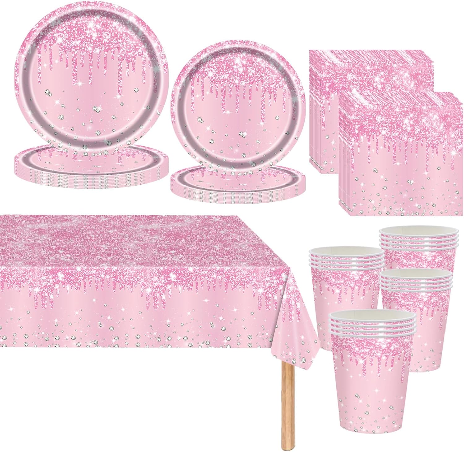 Pink Shiny Glitter Diamond Party Tableware for Girls,81pcs Pink Birthday Dinnerware Paper Plates Cups Napkins and Tablecloth Set for Her Birthday Gifts Princess Party Supplies Table Decorations