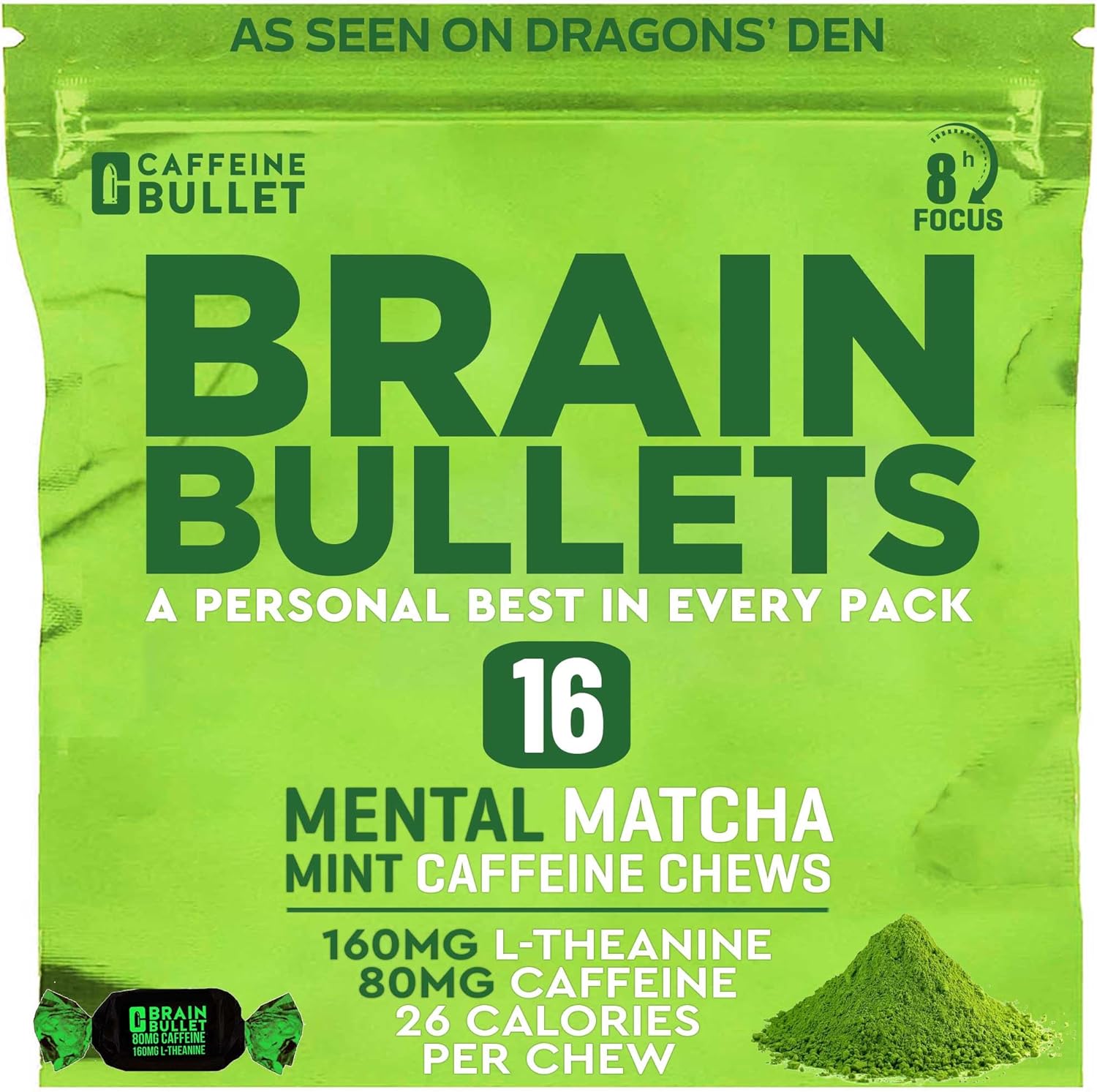 Old Recipe | 80mg Caffeine & 160mg L-Theanine Focus Enhancing Energy Chews – Neuroscience Backed Nootropic Stack, Mental Acuity & Cognitive Support | Mint Matcha Flavor Brain Bullet, 4 Pack