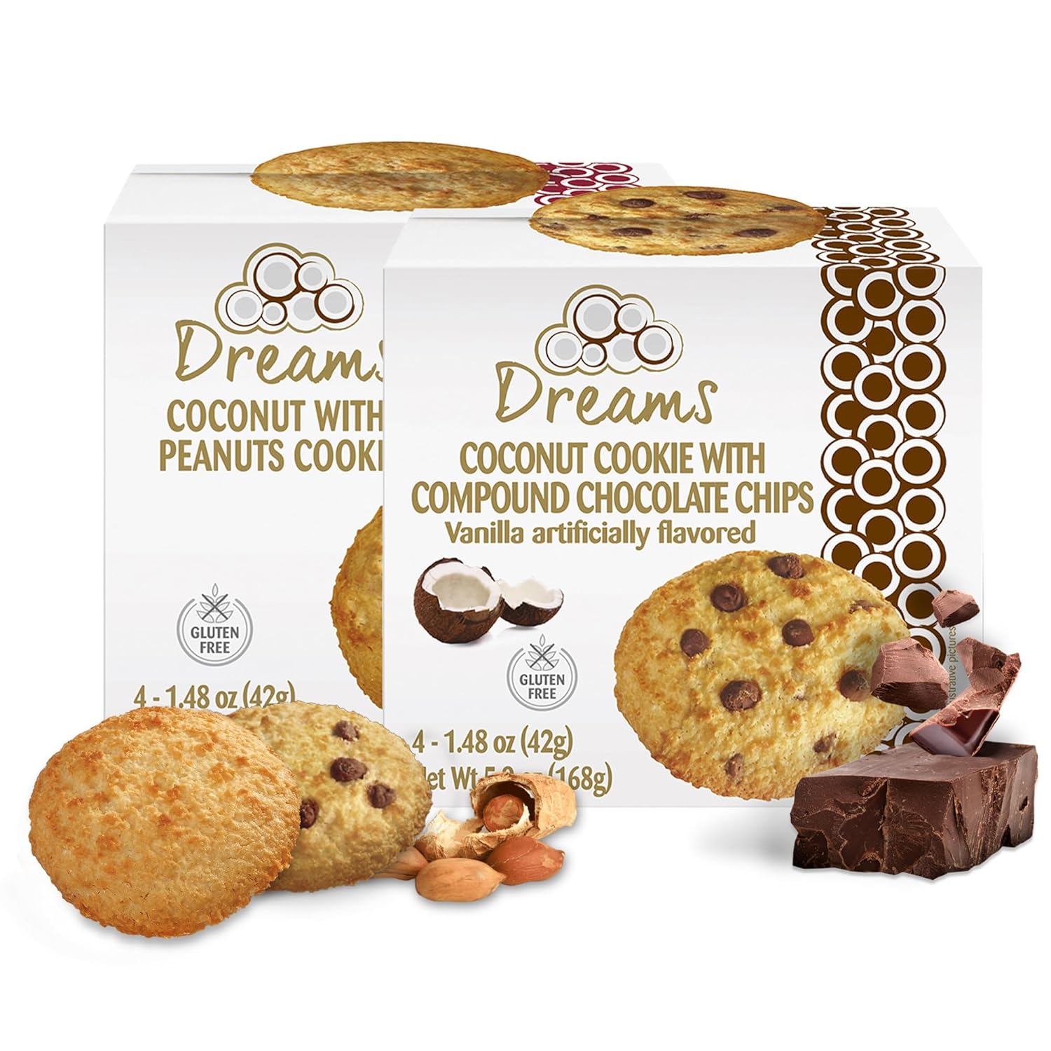 Dreams Large Coconut Cookies – 2 Boxes (8 Cookies Total), 1 Box of Coconut with Chocolate Chip & 1 Coconut with Peanuts, Gluten-Free, High Fiber, Guilt-Free, Wholesome Snack with an Artisanal Recipe (11.8oz / 336g)