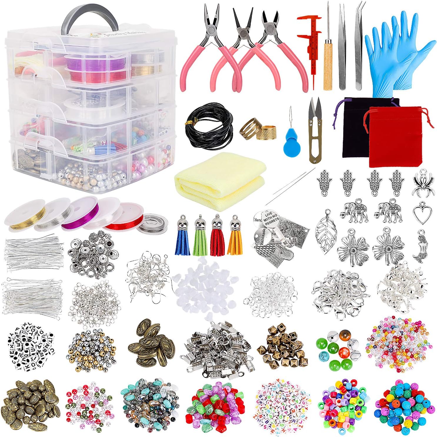 Qpout Jewelry Making Kit - Supplies Include Beads, Charms, Findings, Pliers, Wire for Bracelets, Necklaces, Earrings - Great Gift for Girls, Teens, Women