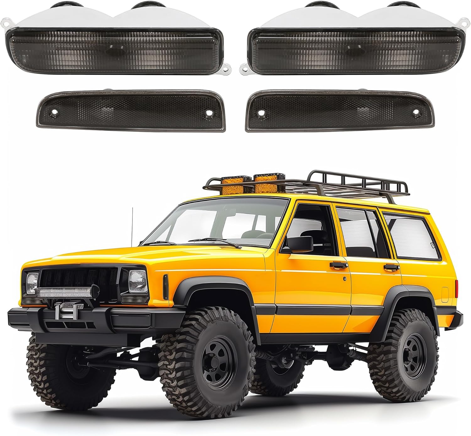 ECOTRIC Bumper Turn Signal Lights +Corner Side Marker Lamps Compatible with 1997-2001 Jeep Cherokee XJ Smoke Lens 4Pcs