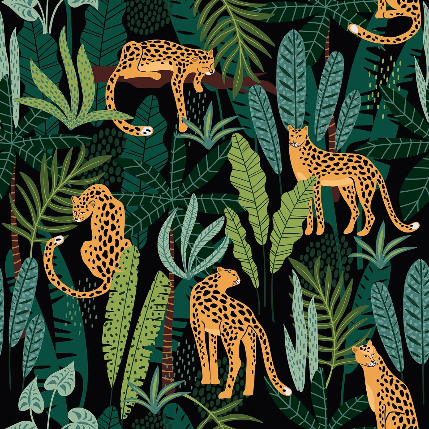 CHIHUT Jungle Cheetah Peel and Stick Wallpaper Black Gold Leopard Wallpaper for Kids Room Nursery Tropical Green Palm Leaves Contact Paper for Walls 17.7”x236” Animal Wall Paper for Living Room Décor