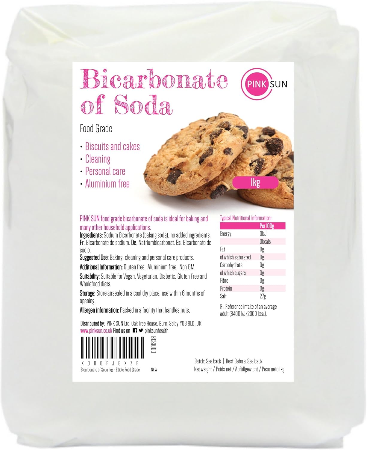 PINK SUN Bicarbonate of Soda 1kg (or 2kg 3kg) Edible Food Grade Pure Baking Soda Bulk Buy Aluminium and Gluten Free Bicarb 1000g
