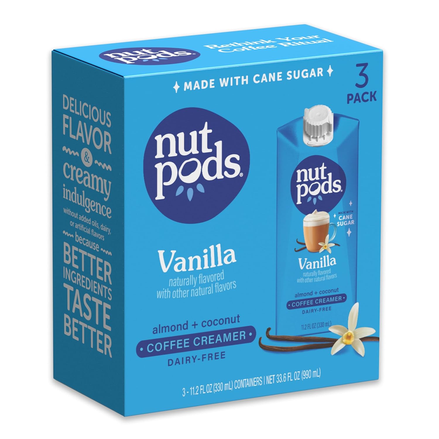nutpods Vanilla Non Dairy Coffee Creamer, Sweetened with Organic Cane Sugar, Made from Almonds and Coconuts, Gluten Free, Non-GMO, Vegan, Kosher, Plant Based (3-Pack)