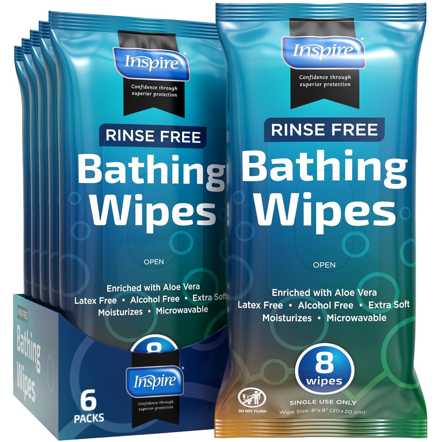Body Wipes for adults bathing rinse free | Adult Wash Cloths Extra Large, Bathing Wipes for Incontinence, 8"x 8" In (48 count) | By Inspire