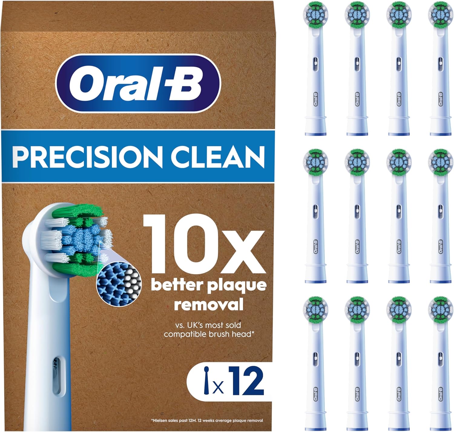 Oral-B Pro Precision Clean ORIGINAL Electric Toothbrush Head, X-Shape And Angled Bristles for Deeper Plaque Removal, Pack of 12 Toothbrush Heads, Suitable For Mailbox, White