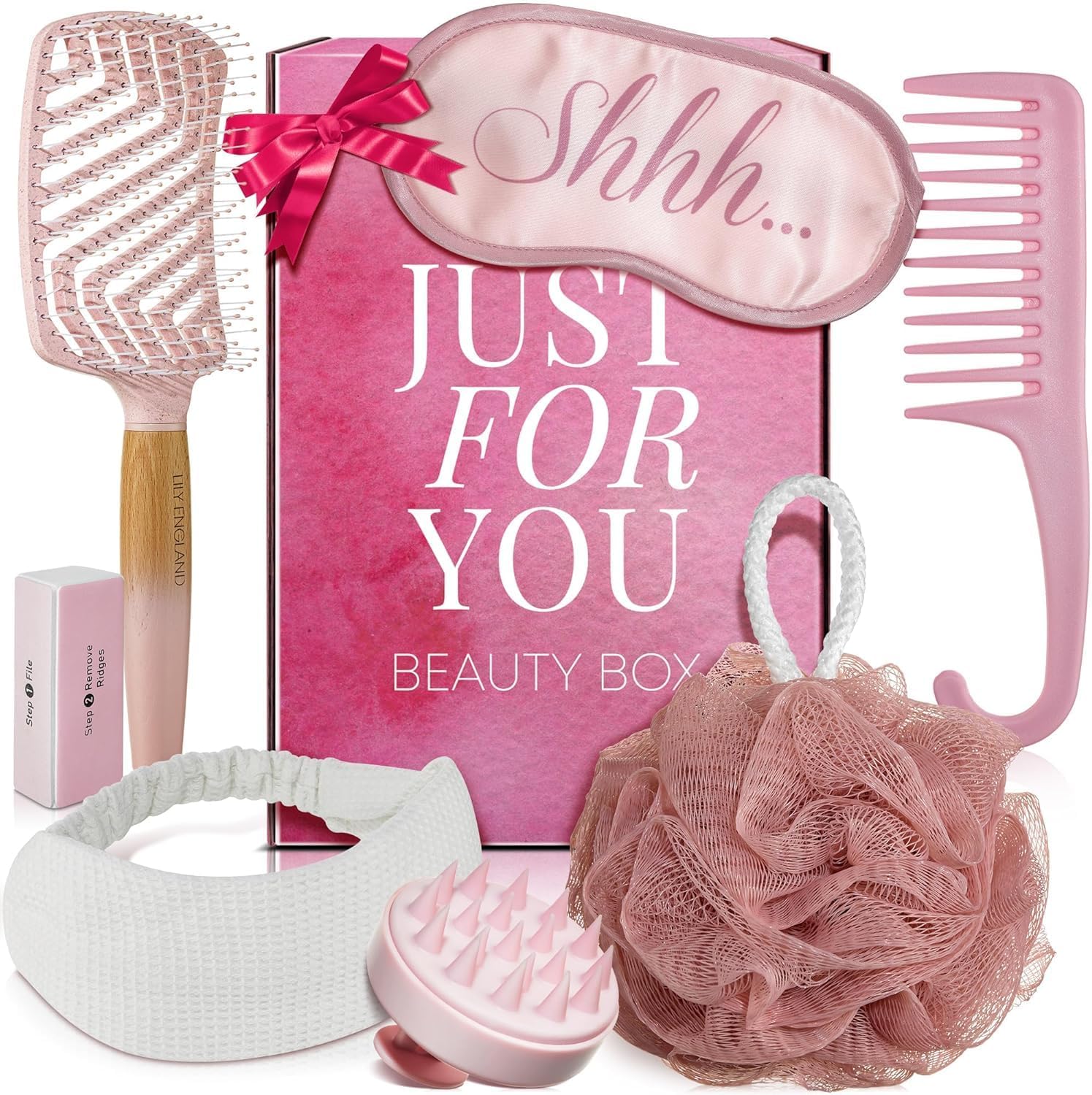 Lily England Self Care Gift Set for Women – 7-Piece Spa Beauty Gifts in Pink – Relaxing Kit with Hairbrush, Comb, Sleep Mask, Shower Puff, & Headband – Present for Mom, Sister & Teen Girls