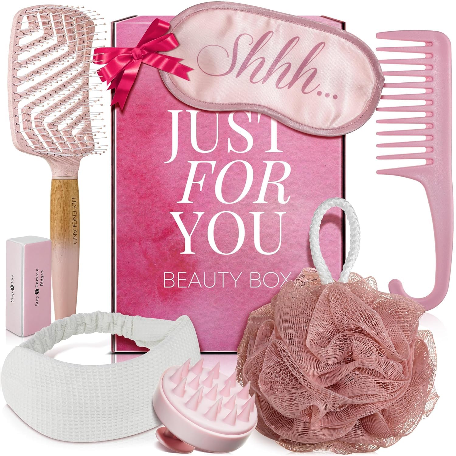 Lily England Mom Birthday Gift Set - 7-Piece Luxury Spa Gift Kit with Brush & Eye Mask - Attractive Birthday Gifts for Mom - Birthday Gift for Ultimate Self-Care Pampering