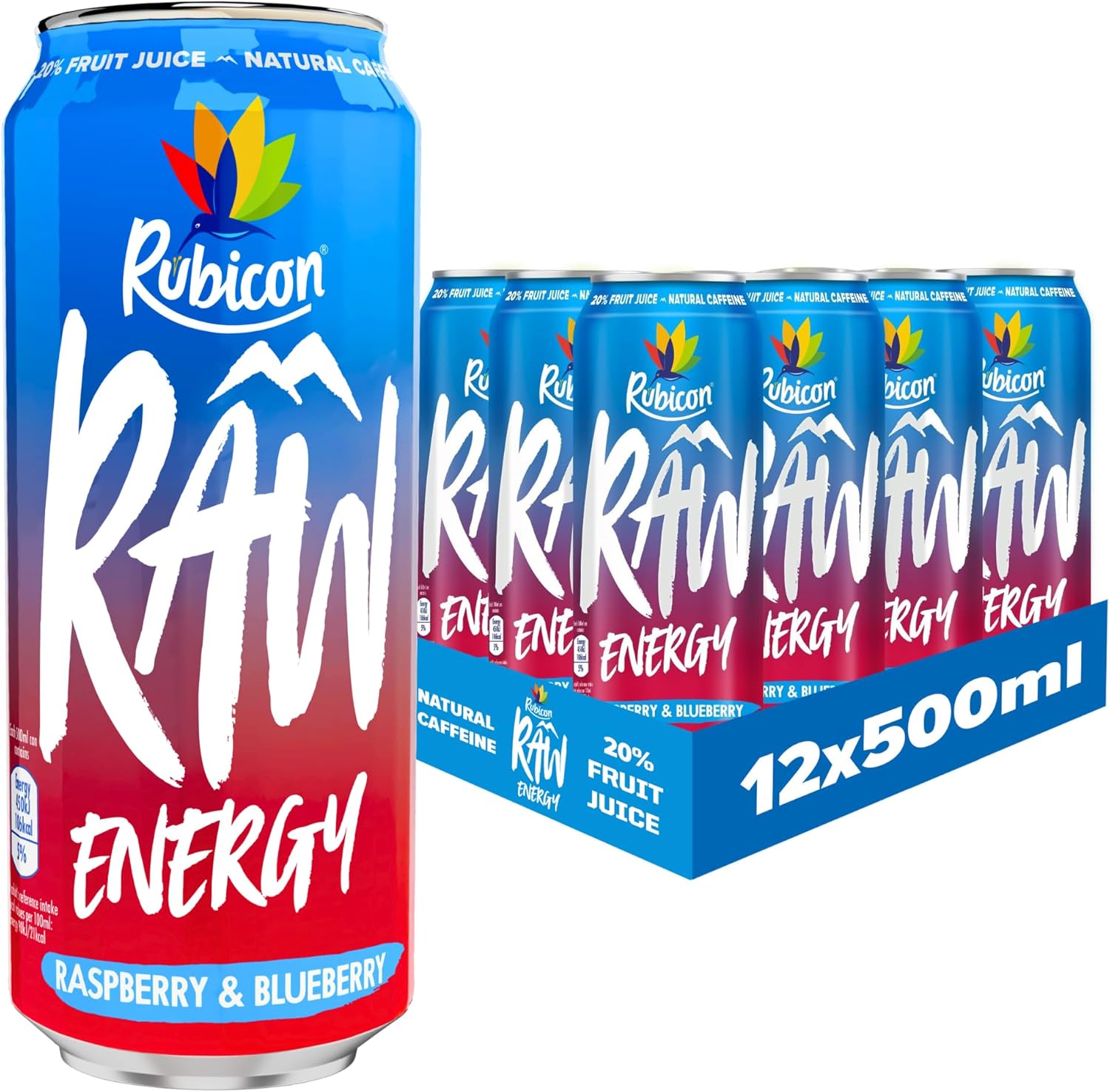 Rubicon RAW 12 Pack Raspberry & Blueberry 500ml Energy Drink, 20% Real Fruit Juice, High caffeine with B-Vitamins, Ginseng & Guarana, No Artificial Colours or Flavours, Reduce Tiredness & Boost Energy