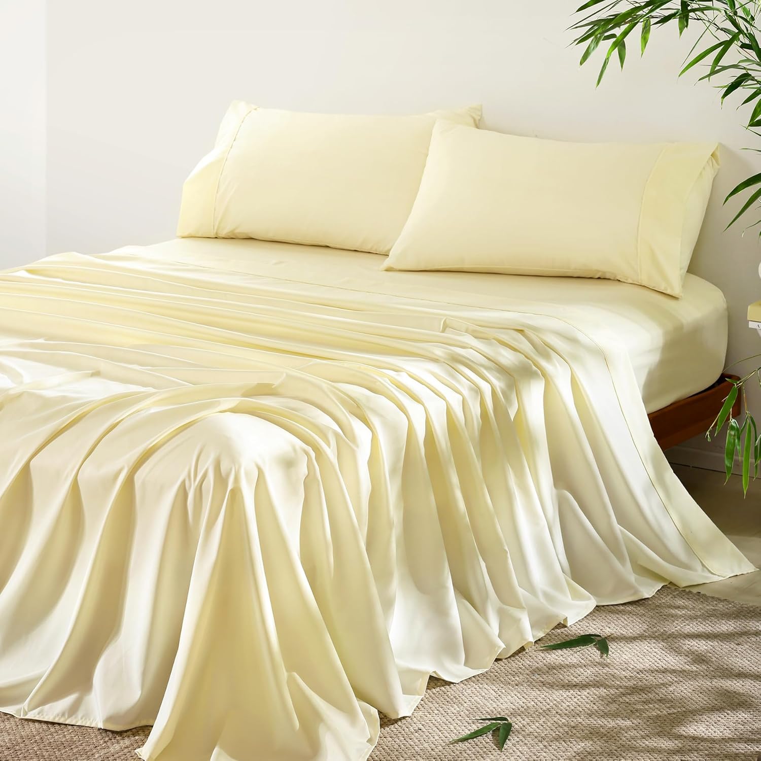 4 Piece Queen Size Sheet - Cooling Bed Sheets Set, Blend Rayon Derived from Bamboo, Breathable Soft Hotel Luxury Bedding & Pillowcases, Silky Fit 16 inch Extra Deep Pocket, Oeko-Tex - Ivory Cream