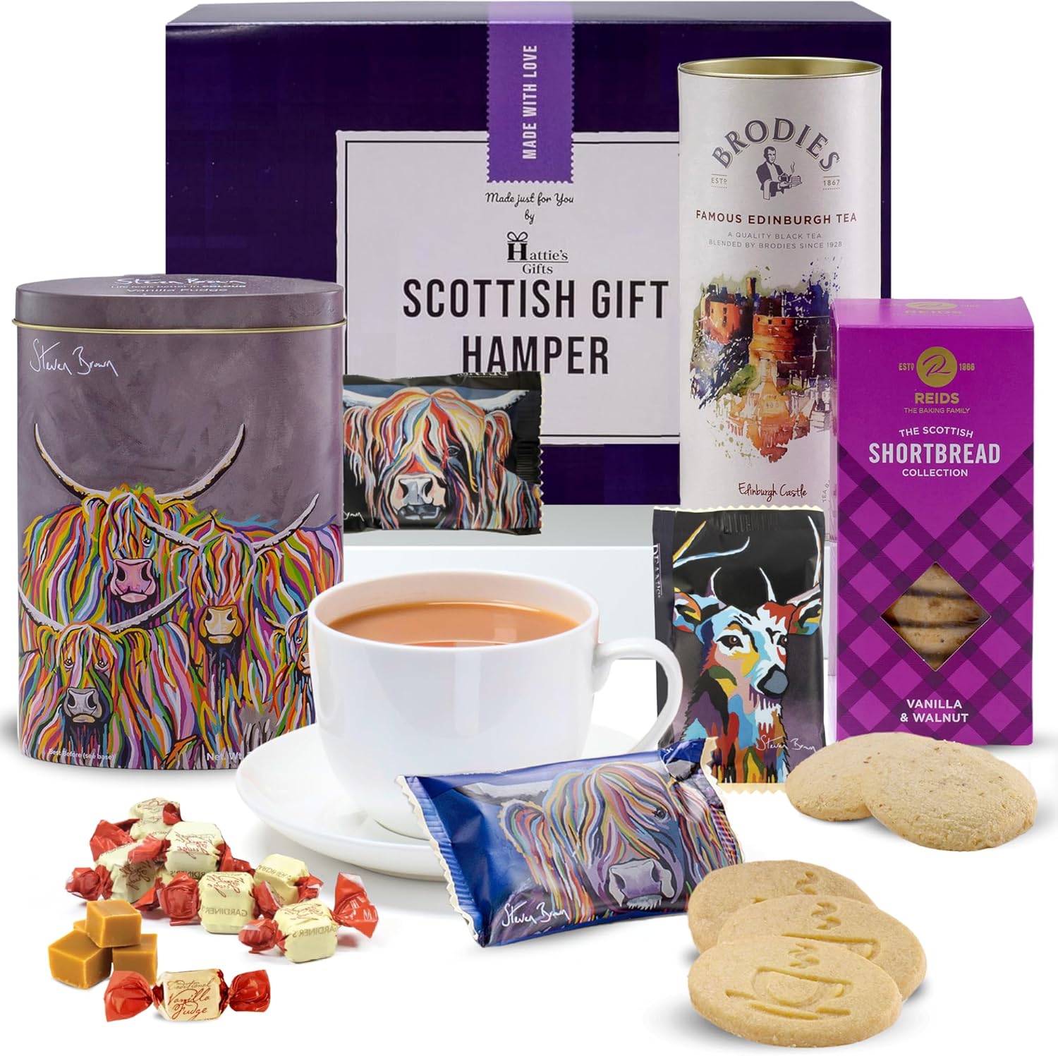 Hattie’s Gifts Scottish Food Hamper - Edinburgh Afternoon Tea, Steven Brown Vanilla Fudge, & Shortbread - Luxury Gourmet Gift for Birthdays, Anniversaries & Thank You