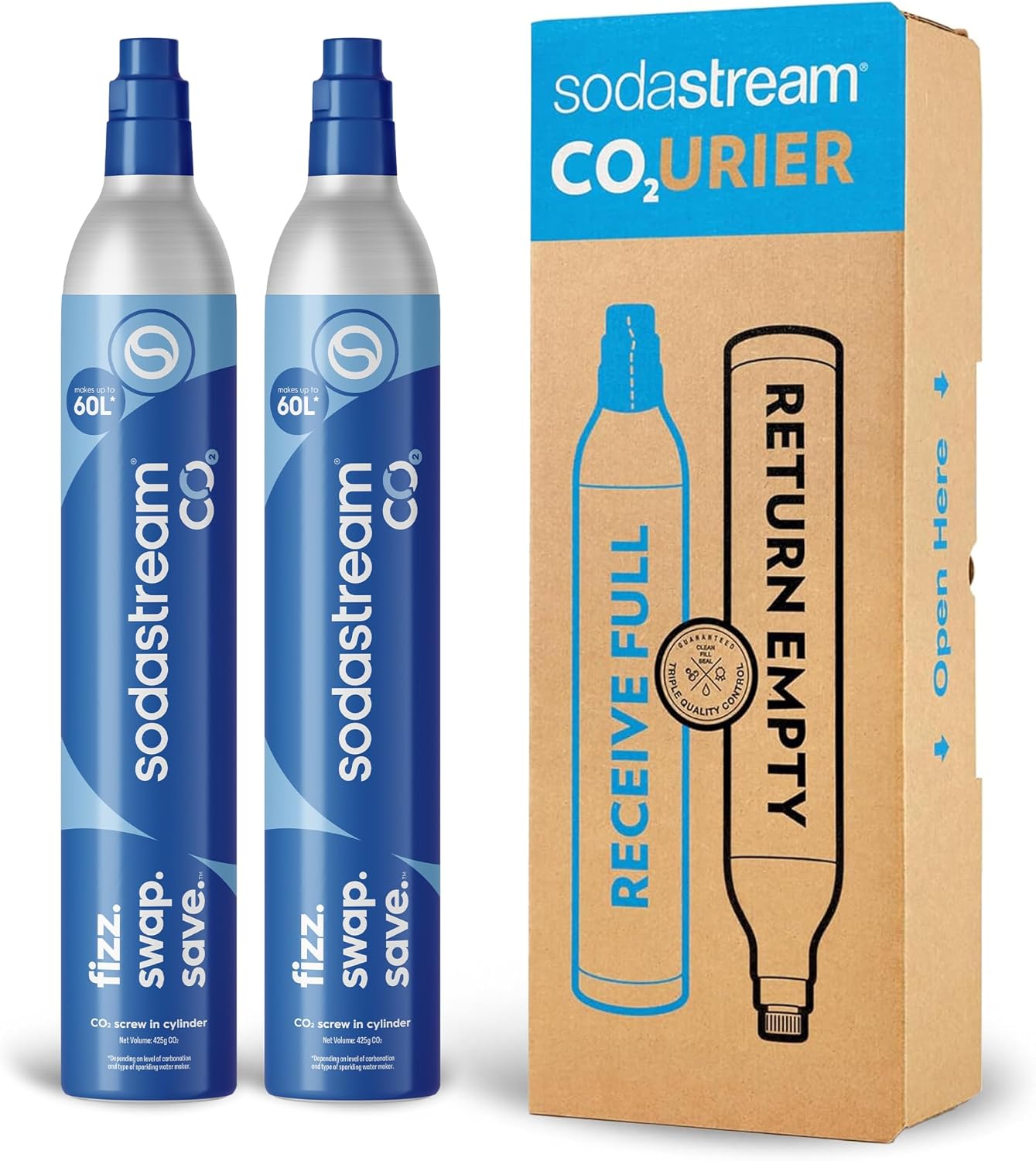 SodaStream CO2 Gas Refill Pack - 2 Cylinders, BLUE Screw-in System - Use box to return your empty cylinders and earn an Amazon.com Gift Card - Compatible with Fizzi, OneTouch, Jet, Spirit, Penguin