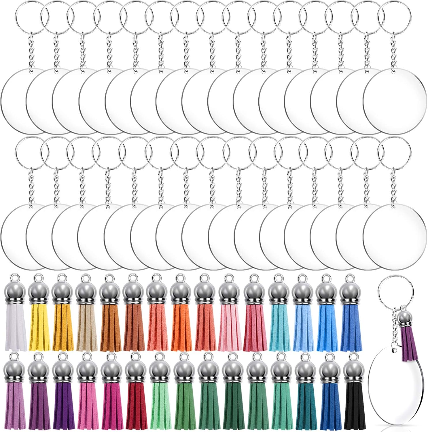 Duufin 120 Pcs Acrylic Keychain Blanks Tassels Set Including Acrylic Keychain Blanks Colourful Tassel Key Rings with Chain and Jump Rings for DIY and Craft (Round. Silver)