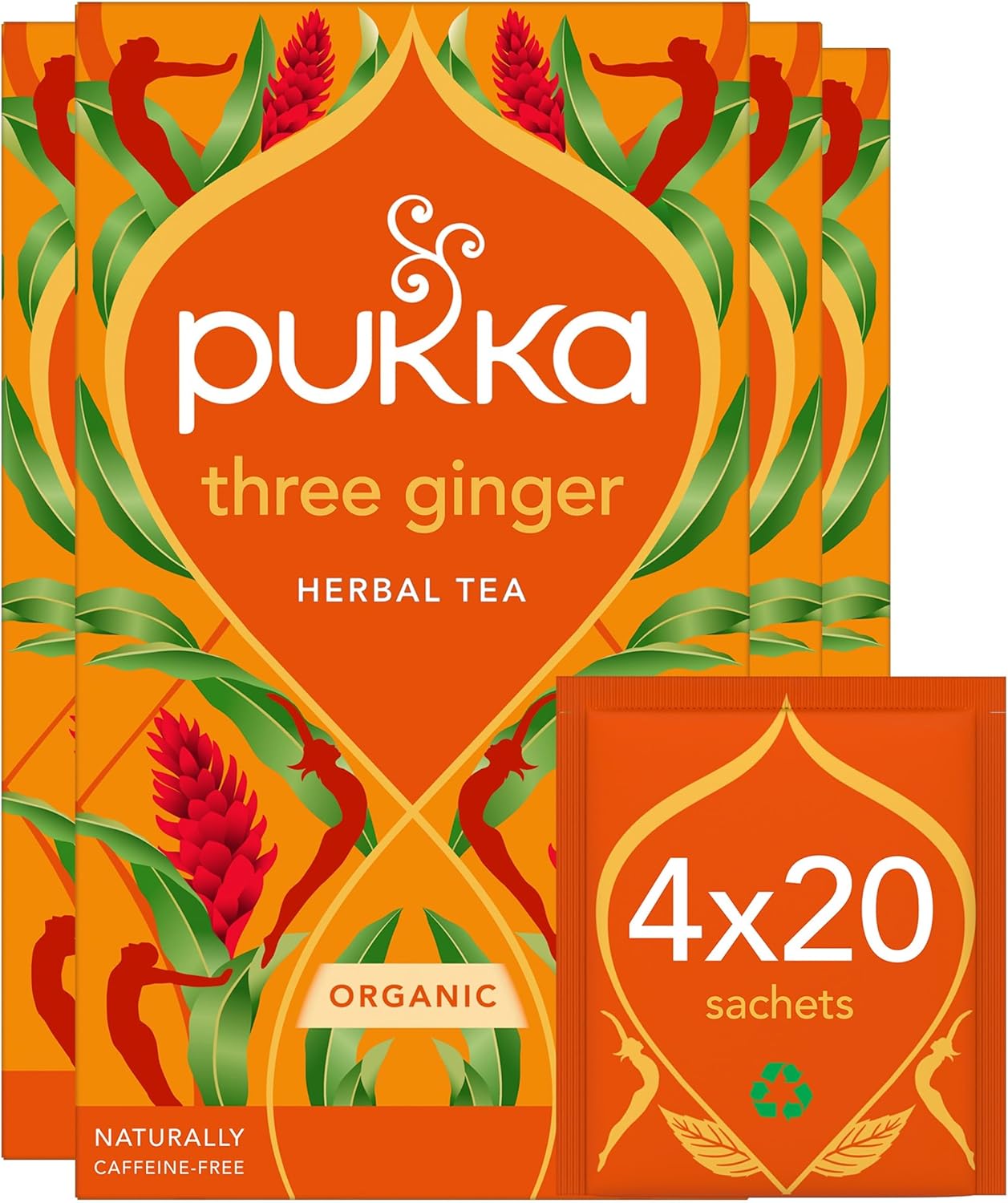 Pukka Herbs | Three Ginger Organic Herbal Tea Box | Digestion-Aiding Infusion With Ginger, Turmeric, And Galangal | Ideal After Meals | Caffeine Free | 4 Packs | 80 Plant Based Biodegradable Tea Bags