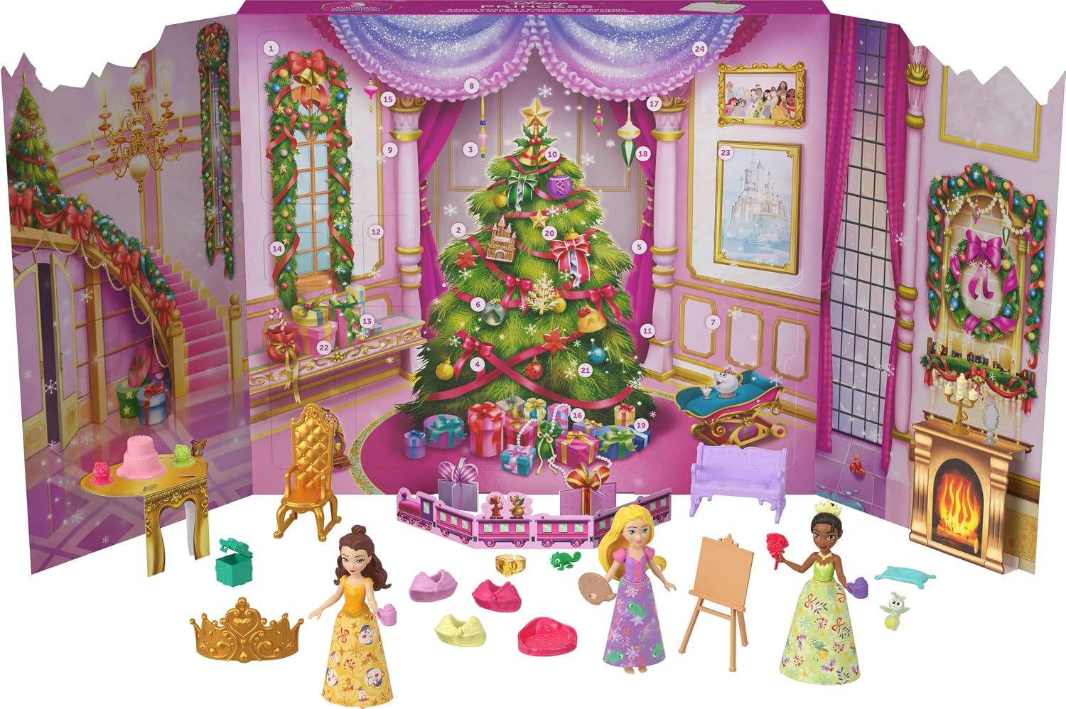 ​Mattel Disney Princess Advent Calendar w/Rapunzel, Tiana, Belle Dolls | 24 Days of Surprises: 3 Small Dolls in Winter Looks, 3 Character Figures, 6 Fashions & 16 Accessories
