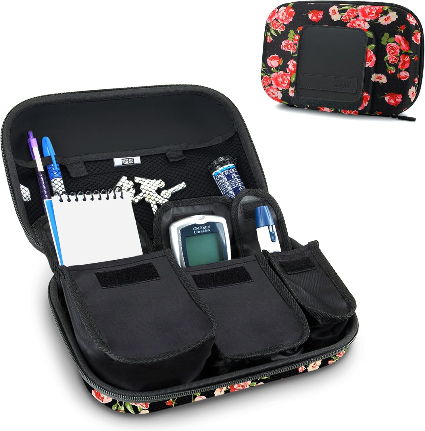 USA GEAR Diabetic Bag - Diabetic Travel Bag Insulin Kit with 3 Removable Pouches & Hard Shell Exterior - Compatible with ACCU-CHEK, Bayer Contour, TRUEtest, and More Glucose Monitors - Floral