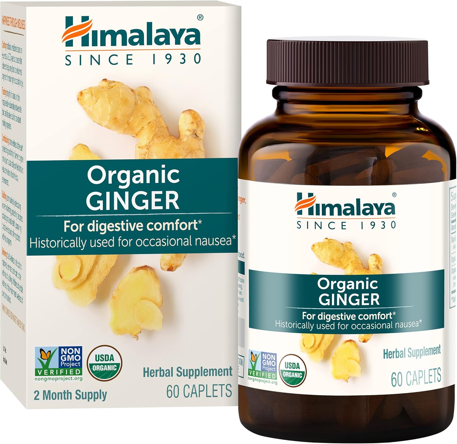 Himalaya Organic Ginger, 60 Day Supply - Digestive Health Supplement for Nausea, Upset Stomach Relief, and Occasional Bloating and Heartburn - USDA Organic, Vegan, Non-GMO, Gluten Free, 60 Caplets