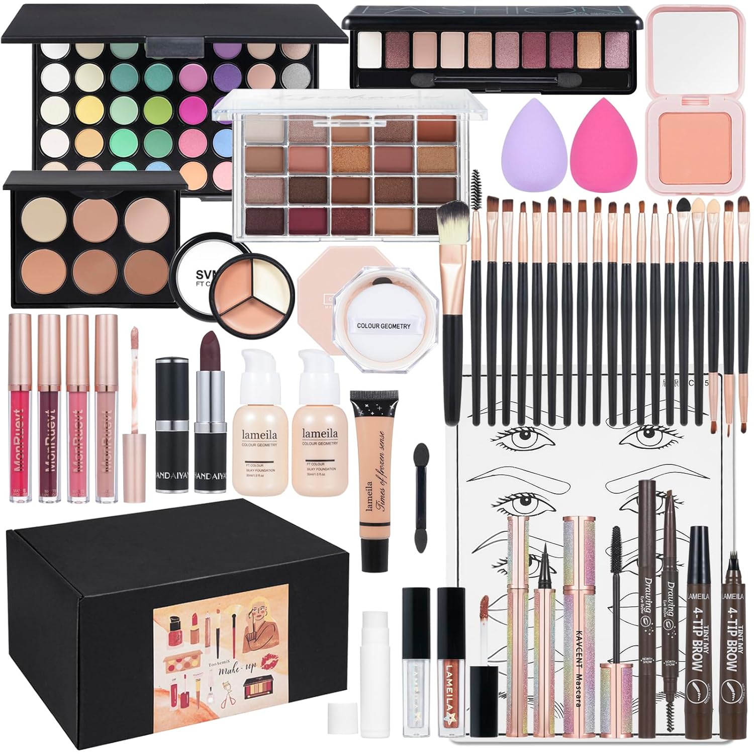 All in One Makeup Kit Makeup Kit for Women Full Kit Multipurpose Makeup ,eyeshadow、 liquid foundation,Loose powder,Eyebrow pencil,4-color lip gloss set