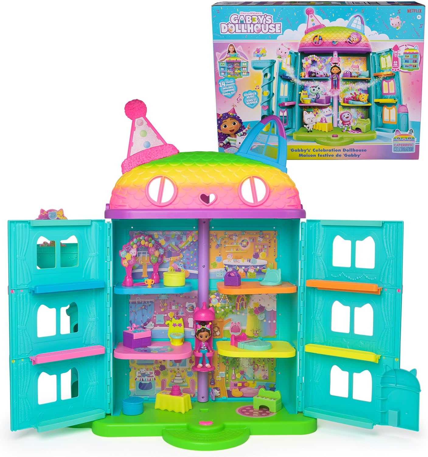 Gabby and the Magic House – Interactive Dollhouse with 1 Figurine + 15 Accessories – Party Theme – Gabby and the Magic House Toy – Gabby Cat – Children's Toy Age 3 Years +